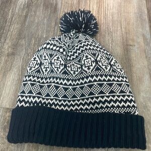 Lands' End Pompom Winter Beanie Hat Navy/White